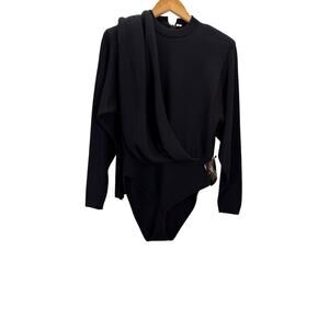 VTG St John Knit Bodysuit Top Womens M Black 80s Long Slvd Scarf Flaw Rare NWT